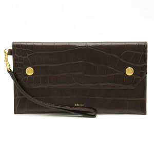 Celine Embossed Clutch Bag Gusset Leather Dark Brown